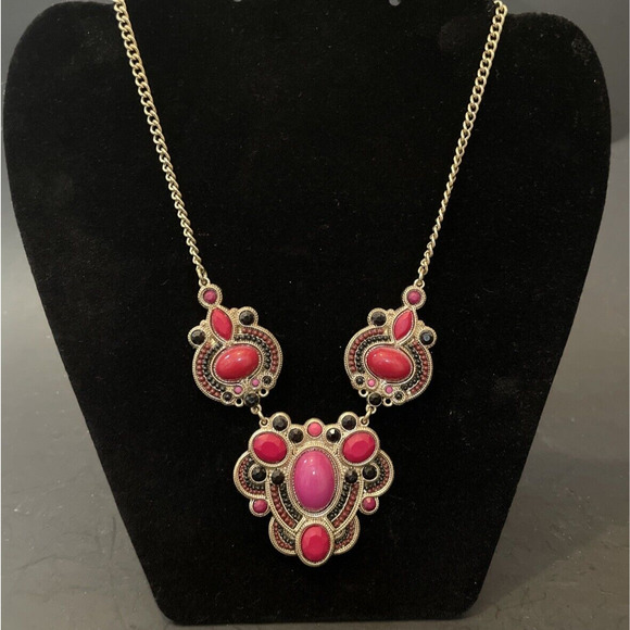 Francesca's Collection Bright Pink & Red Necklace Gold Colored Chain - Picture 1 of 5